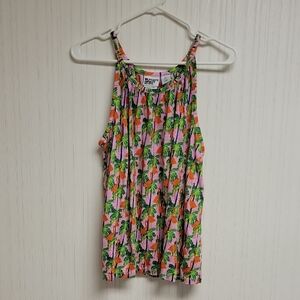Bouffants & Broken Hearts Pink  Linen Tank Top With Orange Flamingos. Womens L
